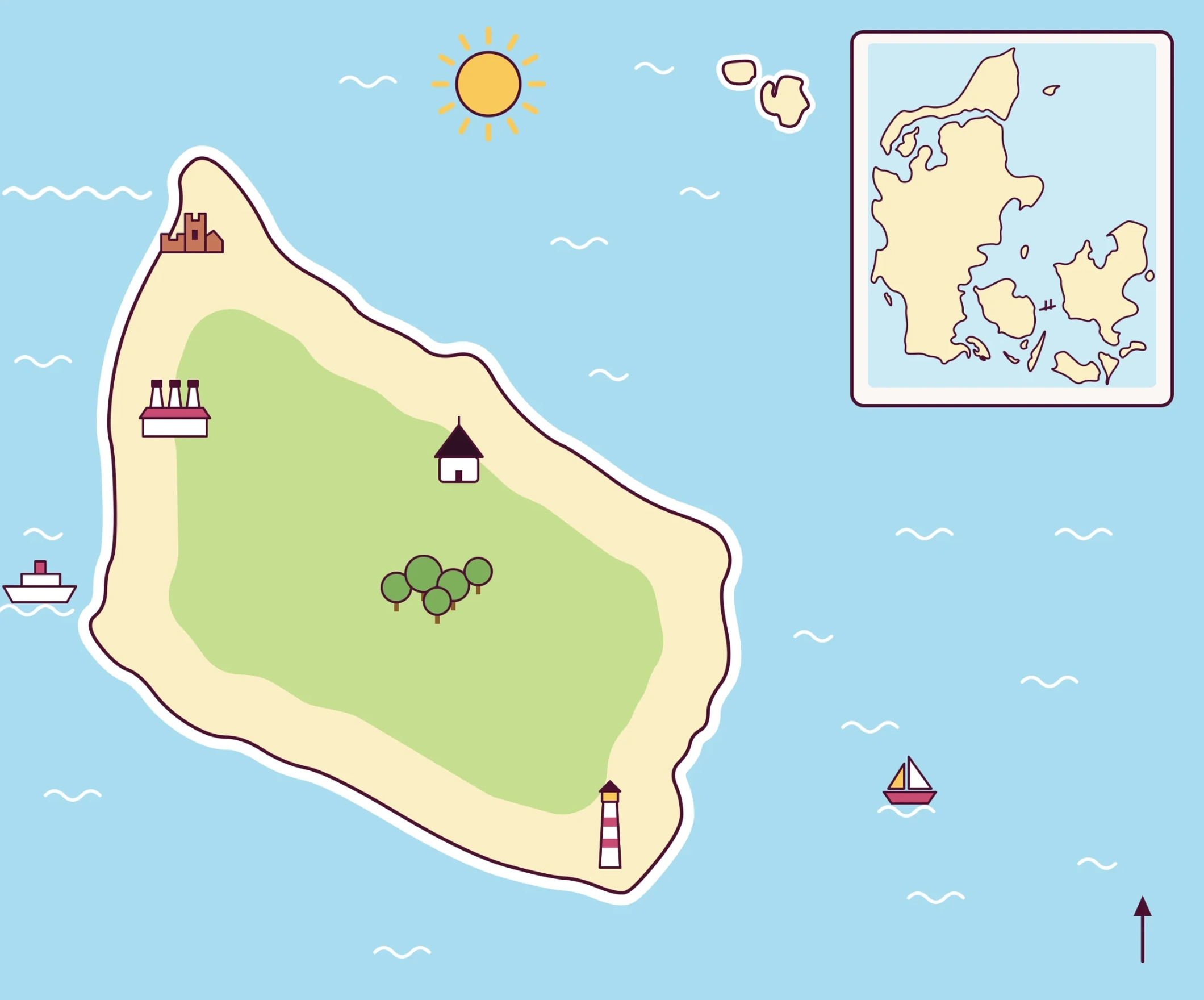 Gezeichnete Karte von Bornholm, Christiansø und dem übrigen Dänemark mit Händlern von Eis von Bornholms Ismejeri